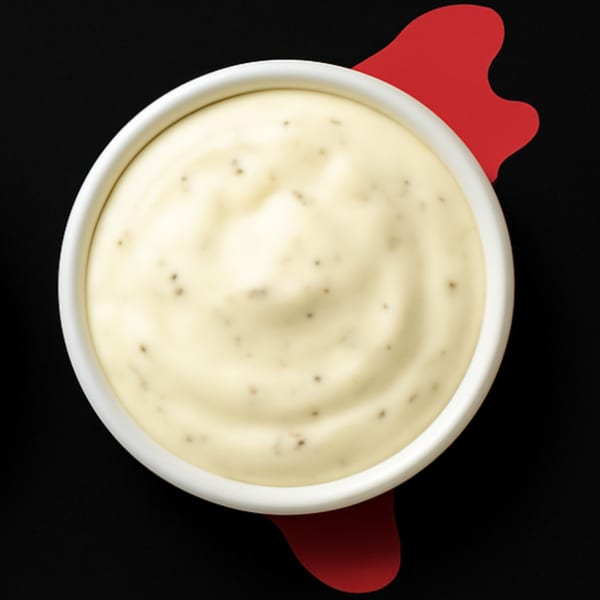 Creamy ranch dipping sauce with specks of herbs in a white bowl on a black background.