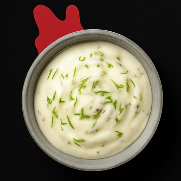 Creamy white dipping sauce with green herbs in a gray bowl, with a red chicken comb in the background.