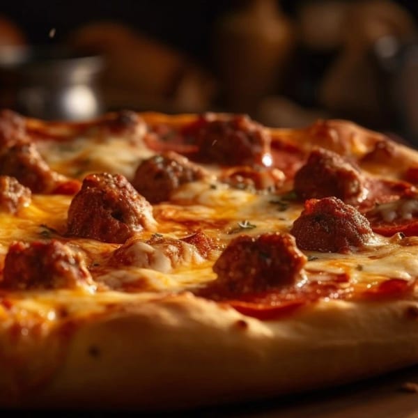 Close-up of a pizza topped with melted cheese, pepperoni, and meatballs.