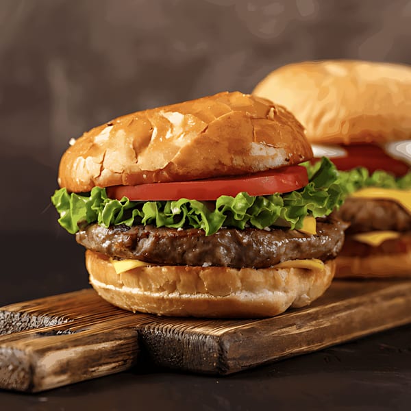 Two juicy cheeseburgers with lettuce and tomato on a wooden board, ready to be served.