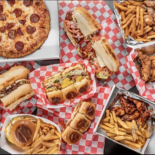 A feast of House Of Wings dishes, including pizza, subs, burgers, fries, and chicken wings.