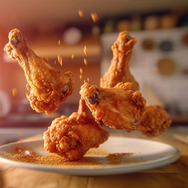 Crispy fried chicken drumsticks and wings falling onto a plate, seasoned with spices.