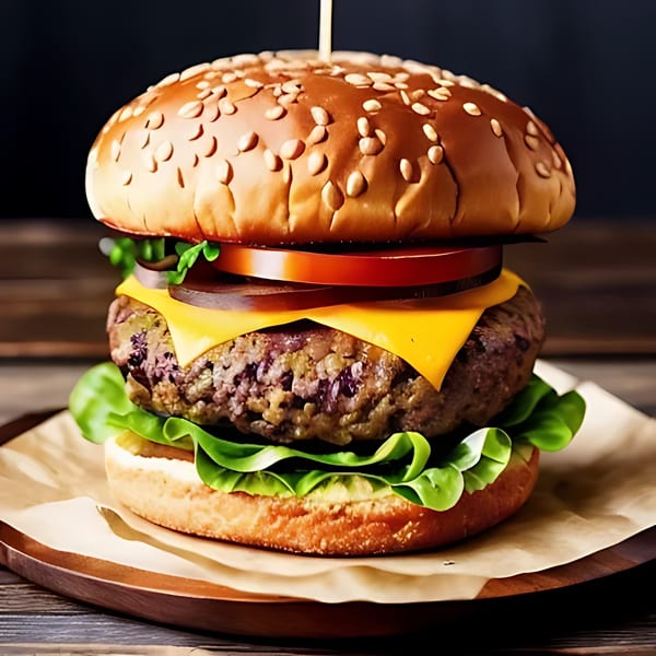 A juicy cheeseburger with lettuce, tomato, and onion on a sesame seed bun, served on a wooden board.